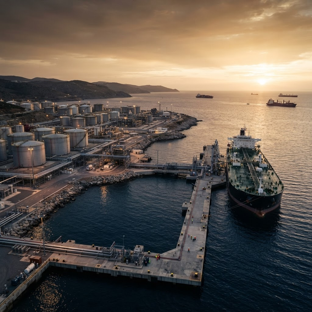 Coastal energy terminal and marine supply corridor at dawn