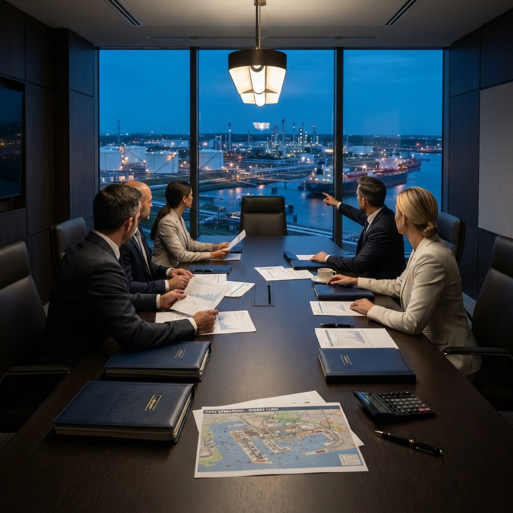 Trade structuring materials in an institutional boardroom overlooking an energy terminal